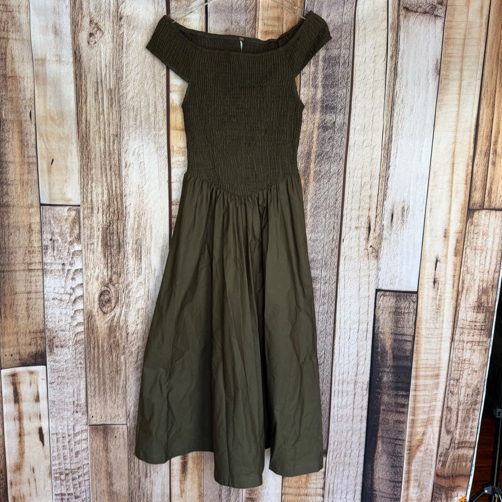 Free People Dress Ceci Off Shoulder Smocked‎ Brown Boho Midi Cotton Medium NWT